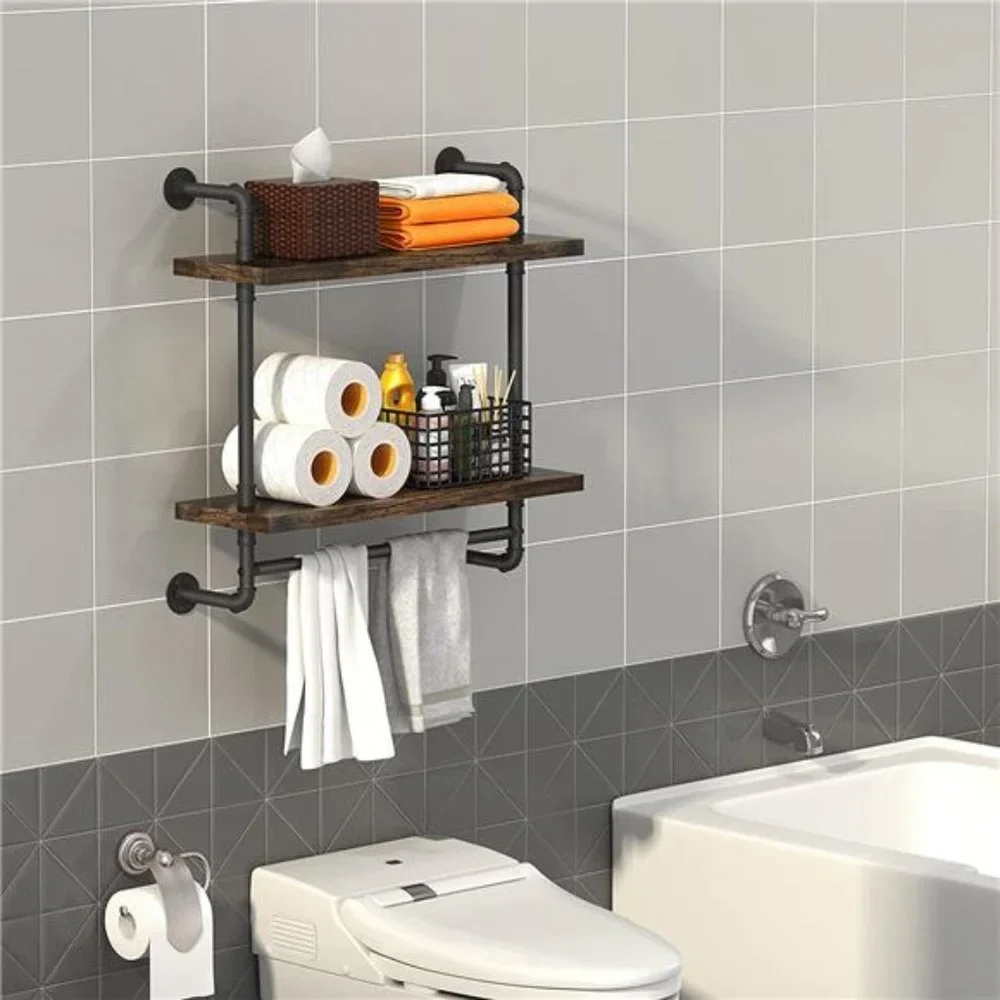 24inch Pipe Shelving Bathroom Shelves Wall Mounted with Towel bar,(Brown, 24'')